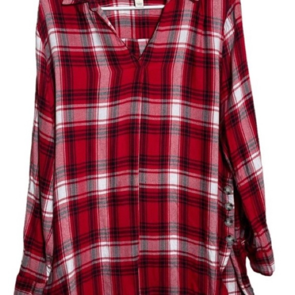 St John's Bay Blouse Women's Large Rayon Plaid Popover Long Sleeve V-Neck